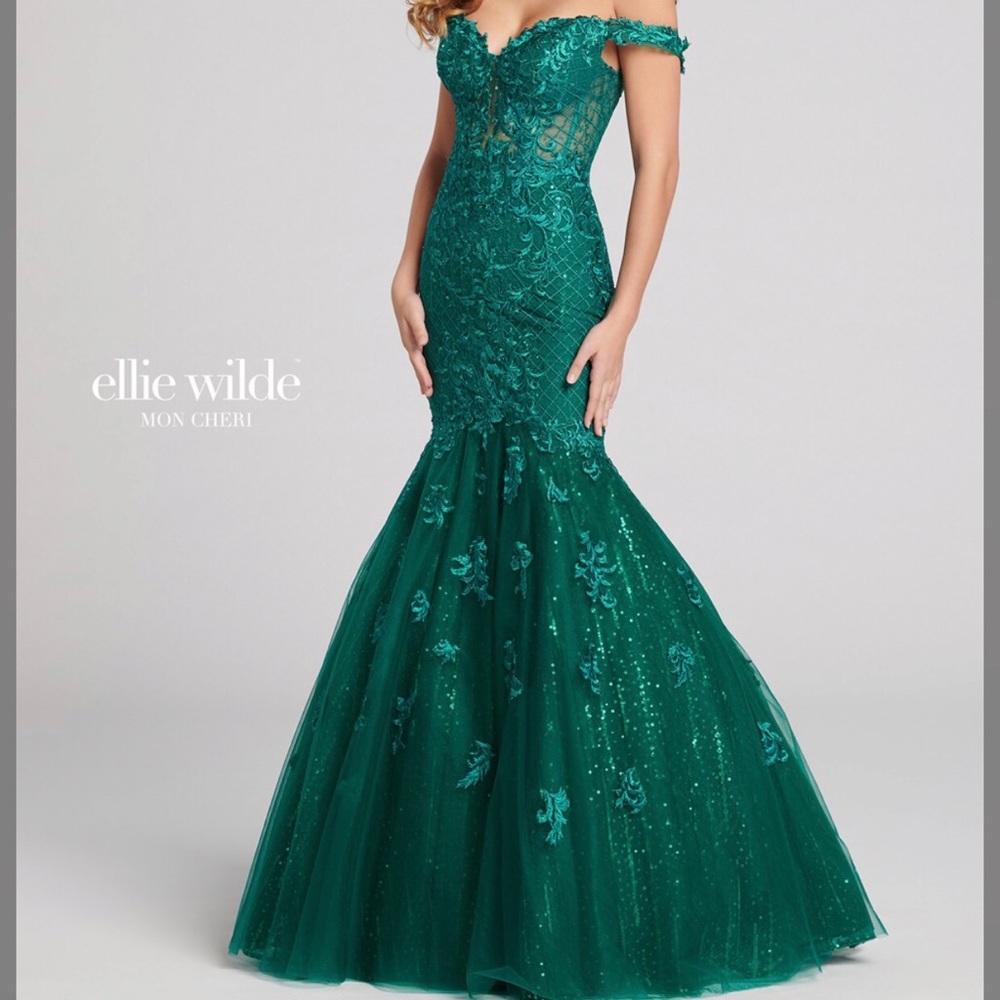 Ellie Wilde Mon Cheri Trumpet Emerald Dress